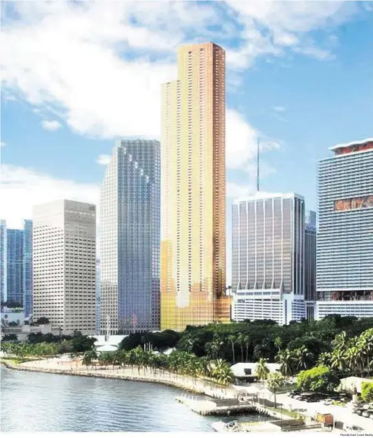  ?? Florida East Coast Realty ?? A rendering depicts a bronze-tinted supertall tower, center, that veteran developer Tibor Hollo’s Florida East Realty says it plans to build on downtown Miami’s Biscayne Boulevard.