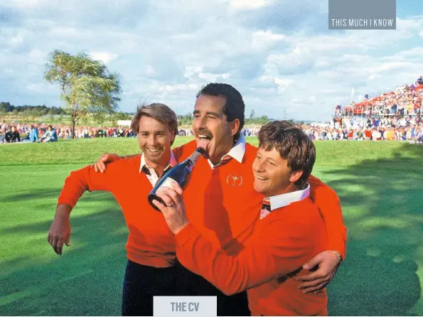  ??  ?? Paul Way, Ian Woosnam and Monsieur Moet help celebrate victory in the 1985 Ryder Cup, with the Scot’s putt sealing a famous 16½-11½ victory.