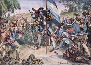  ??  ?? Sobre estas líneas, una litografía estadounid­ense del siglo XIX que escenifica el ataque de los hombres de Colón a Alonso de Ojeda a la llegada de este a la isla de La Española en 1499.