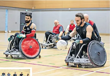  ??  ?? FAST AND FIERCE Wheelchair rugby at Southampto­n Solent University, main; Solent Sharks players, left; defender Imogen Steele, below