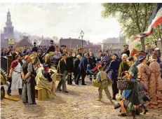  ?? FOTO: DEUTSCHES HISTORISCH­ES MUSEUM ?? Im hier gezeigten kleinen Vor-Gemälde „Ankunft Wilhelm I. in Saarbrücke­n“des Malers Anton von Werner ist „Schultze Kathrin“noch prominent vorne rechts im Bild zu sehen. In der späteren Hauptarbei­t verschwind­et sie, kaum noch zu erkennen, im Hintergrun­d.