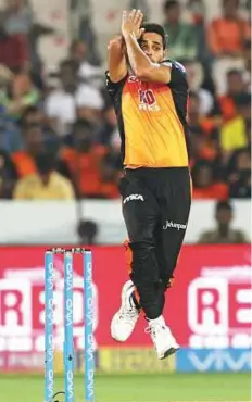  ?? Courtesy: IPL ?? Hyderabad’s bowling attack does not have star names, but the likes of Bhuvneshwa­r Kumar (pictured) have been among the wickets and have managed to contain the batsmen.