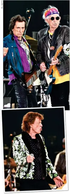  ?? ?? NOSTALGIA TRIP: Mick Jagger struts his stuff during the Rolling Stones’ concert in Hyde Park last night.
Top: Bandmates Ronnie Wood and Keith Richards