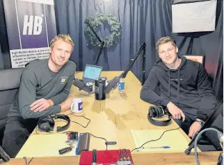  ??  ?? High Button founder and host Justin Belanger, left, sat down with Nathan Mackinnon two weeks ago for the 299th episode of his podcast.