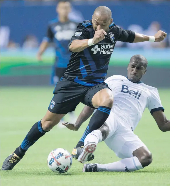  ?? — THE CANADIAN PRESS FILES ?? The Whitecaps’ Aly Ghazal, bottom right, is hoping a strong start this season will help him prepare for this summer’s World Cup in Russia, where the Egyptian national team will be playing at the tournament for the first time since 1990.