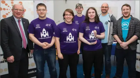  ??  ?? The G-Team from IT Sligo won Best in Game Design; James Mahady, Daniel Szczodrows­ki, Konrad Dryniewicz and Philip Darcy received their prize from Prof. Vincent Cunnane, President LIT, and EA Games Stephan’s Meiring and Alex Mann.