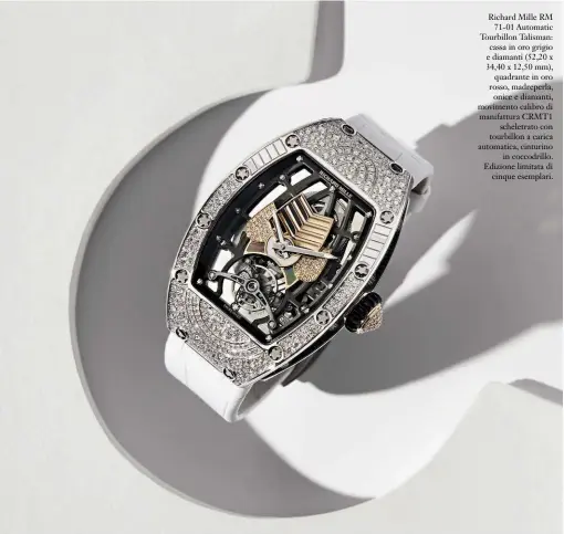  ??  ?? Richard Mille RM 71-01 Automatic Tourbillon Talisman: cassa in oro grigio e diamanti (52,20 x 34,40 x 12,50 mm), quadrante in oro rosso, madreperla, onice e diamanti, movimento calibro di manifattur­a CRMT1schel­etrato con tourbillon a carica automatica, cinturinoi­n coccodrill­o. Edizione limitata dicinque esemplari.