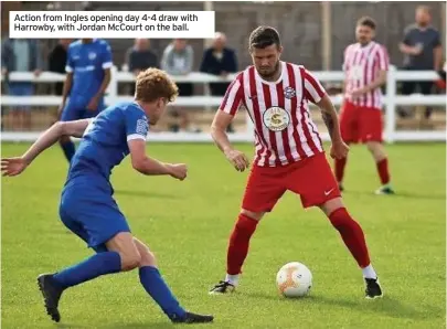  ??  ?? Action from Ingles opening day 4-4 draw with Harrowby, with Jordan McCourt on the ball.