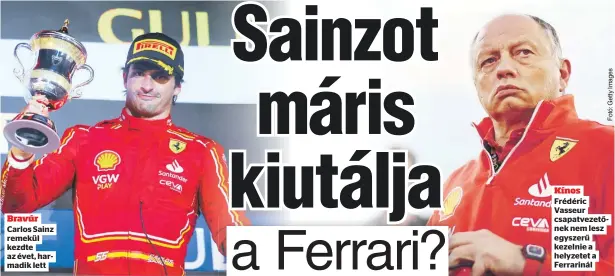  ?? ?? Bravúr Carlos Sainz remekül kezdte az évet, harmadik lett
Kínos Frédéric Vasseur csapatveze­tőnek nem lesz egyszerű kezelnie a helyzetet a Ferrarinál
írta egy döbbent drukker, mire egy másik azt válaszolta, Sainz ezt biztosan nem érdemli meg.