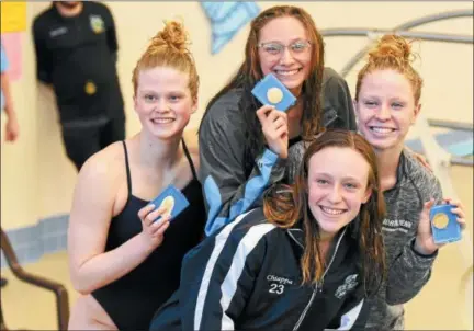  ?? JEFF DAVIS/FOR DIGITAL FIRST MEDIA ?? NP girls dominated at the SOL Continenta­l Championsh­ips at North Penn high school on Saturday. In the photo, Megan Hartman, Parker Schulz, Nicole Chiappa and Claudia Thamm.