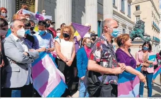  ?? A. PÉREZ MECA / EP ?? Una activista por los derechos trans, Mar Cambrollé, con una bandera trans ayer en las escaleras del Congreso.