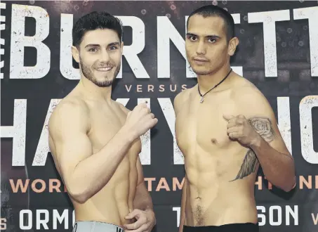  ??  ?? Josh Kelly and Jose Luis Zúñiga at the weigh-in ahead of their fight in Belfast tonight. Picture by Lawrence Lustig.