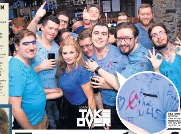  ??  ?? VILE Tories of tomorrow show far-right messages as they pose for nightclub pic