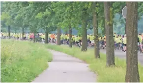  ?? FOTO: STADT MB ?? In einer langen gelben Karawane rollten bei der Rad-Nacht-Premiere im vergangene­n Jahr mehr als 500 Radler durch die Stadt. Das soll auch an diesem Freitag wieder so sein.