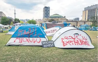  ?? ANDREW FRANCIS WALLACE TORONTO STAR ?? A student encampment at the University of Toronto. If Israel isn’t listening to U.S. President Joe Biden, it’s hardly likely to listen to student campers who glorify Hamas’s Oct. 7 attack, fail to call for the release of hostages and question Israel’s right to exist, Marsha Barber writes.