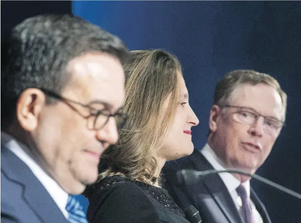  ?? GRAHAM HUGHES / THE CANADIAN PRESS FILES ?? Foreign Affairs Minister Chrystia Freeland and Mexico’s Secretary of Economy Ildefonso Guajardo Villarrea, left, and United States Trade Representa­tive Robert Lighthizer have full schedules this month, meaning it is likely that high-level NAFTA talks...