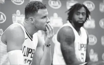 ?? Al Seib Los Angeles Times ?? BLAKE GRIFFIN, left, answering questions with DeAndre Jordan at Clippers media day: “It’s important for guys to speak their minds . ... I like the guys who have been using their platform to do just that.”