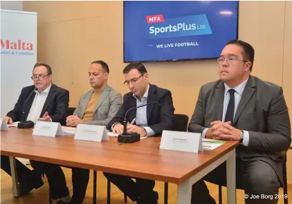  ??  ?? From left, Helmut Amhof, of SportsPlus Ltd, Jason Micallef, chairman MFA SportsPlus Ltd, Angelo Chetcuti, MFA secretary general and Carlo Micallef, CEO and CMO at the Malta Tourism Authority, during yesterday morning’s news conference