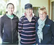  ??  ?? Murray Goulburn farmcare facilitato­r Donna Gibson with Shady Creek dairy farmer Janine Sharman and GippsDairy’s Karen Romano at the Willow Grove Tactics for Tight Times day.