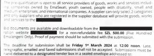  ?? (Pics: Nonduduzo Kunene) ?? A tender by an entity costing E2 500 non-refundable tender fee.(Below) Another tender for an SOE with a tender fee of E500.