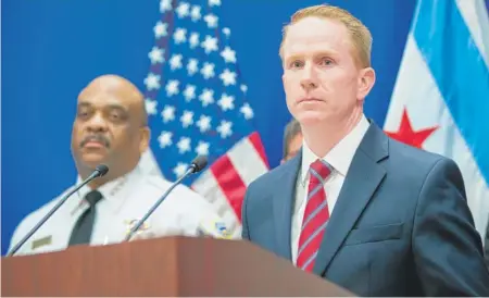  ?? | SANTIAGO COVARRUBIA­S/ FOR THE SUN- TIMES ?? Chicago Police Cmdr. Brendan Deenihan ( right) and Police Supt. Eddie Johnson on Sunday decried the alleged sexual assault of a 15- year- old girl shown on Facebook.