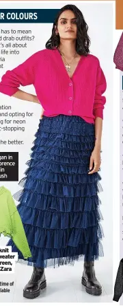  ?? ?? Riva ribbed cardigan in magenta, £89; Florence ruffle jersey skirt in deep teal, £99, Hush