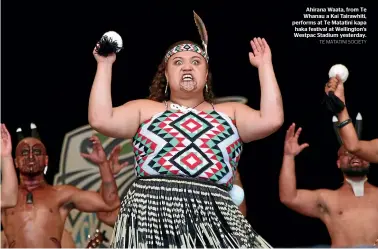  ?? TE MATATINI SOCIETY ?? Ahirana Waata, from Te Whanau a Kai Tairawhiti, performs at Te Matatini kapa haka festival at Wellington’s Westpac Stadium yesterday. Ricky Bishop performs with Te Pikiko¯ tuku o Nga¯ ti Rongomai Te Arawa.