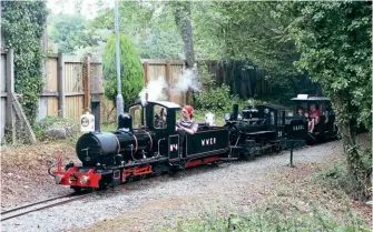  ?? PETER NICHOLSON ?? Many trains were double or triple headed at the Trago Mills steam gala. Destined for use at the Astbury Light Railway once approval for operations has been granted, No. 4 Norfolk Pioneer works with BSR resident 2-6-2
No. 24 (Coleby Simkins & Vere 1991). No. 4 was built by Tony Martin of the Wells & Walsingham Light Railway, Norfolk in 2011, but never part of the official fleet. Therefore, ‘WWLR’ could not be used so it became ‘WWER’ = ‘Wibbly Wobbly Engineers Railway’ after the builder’s former motorcycle racing team! It is hoped Trago Mills will hold another steam gala next April.