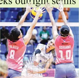  ??  ?? BaliPure's Jang Bualee, center, unleashes an attack against Creamline's Jema Galanza, left, and Pau Soriano during the Premiere Volleyball League Reinforced match at Filoil Flying V Centre in San Juan Tuesday. BaliPure won, 20-25, 25-23, 19-25, 25-18,...