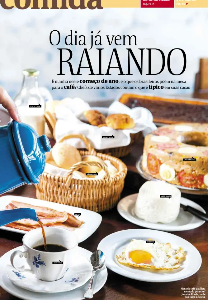  ?? Mesa de café paulista
montada pela chef Janaina Rueda, onde
não falta o cuscuz ?? LEITE DE CABRA
CAFÉ COADO
BACON
PÃO DE QUEIJO
BROA DE MILHO
OVO FRITO
QUEIJO BRANCO
CUSCUZ PAULISTA