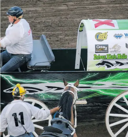  ?? MIKE DREW ?? Kris Molle’s name is misspelled as Khris on his wagon tarp, but he neverthele­ss continued his strong run Monday at the Rangeland Derby.