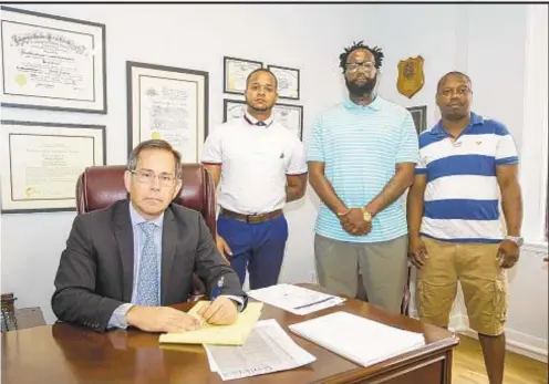  ?? GREGG VIGLIOTTI/FOR NEW YORK DAILY NEWS ?? Lawyer Jonathan Roberts (left) with clients (from left) Silver Martinez-Ramirez, Alfred Cowan and Daniel Feliz Parra. The three have filed lawsuits against NYPD Detective Darryl Schwartz (below), who they said arrested them on bad DWI charges.