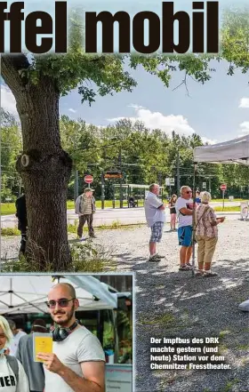  ??  ?? Der Impfbus des DRK machte gestern (und heute) Station vor dem Chemnitzer Fresstheat­er.
Froh über die Coronaimpf­ung: Nadine Lange (18) und Marcin Mola (23) zeigen stolz ihre Impfpässe.