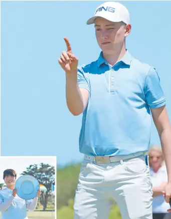  ?? Pictures GOLF VICTORIA ?? NUMBER ONE: Jackson Kalz (Glenelg) on his way to winning the Junior Vic Open at Thirteenth Beach yesterday. Inset: Kalz and girls winner Hannah Jihye Park.