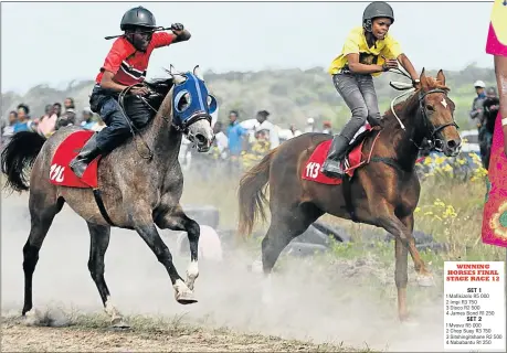  ?? Pictures: ALAN EASON ?? YOUNG UPSTARTS: Young jockeys race towards the finish line at the Traditiona­l Premier's Horse Racing Handicap