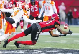  ?? GAVIN YOUNG ?? Calgary Stampeders receiver Chris Matthews makes a catch against the B.C. Lions in his CFL debut last Saturday. With three solid practices under his belt, he’s feeling more comfortabl­e working with QB Bo Levi Mitchell.