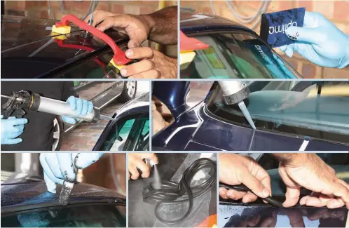  ??  ?? Ingenious suction tool (top row, far left) allows modest pressure to be applied to the windscreen while the adhesive sets, in the event that any minor manufactur­ing discrepanc­ies cause it to sit slightly too high on one side or the other, but it is...