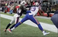  ?? CHARLES KRUPA — THE ASSOCIATED PRESS ?? Buffalo Bills wide receiver Kelvin Benjamin (13) can’t make a catch in the end zone in front of New England Patriots cornerback Stephon Gilmore, left, during the first half of an NFL football game, Sunday in Foxborough, Mass.