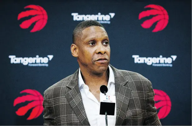  ?? MARK BLINCH / THE CANADIAN PRESS ?? Raptors president Masai Ujiri, seen in July, says of Kawhi Leonard: “You will be hearing from him shortly. I think there is a fire inside of him.”