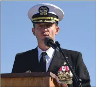  ?? U.S. NAVY VIA THE NEW YORK TIMES ?? Capt. Brett E. Crozier addresses the crew on the aircraft carrier Theodore Roosevelt in San Diego in November 2019.
