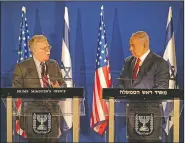  ?? AP/ODED BALILTY ?? U.S. national security adviser John Bolton (left) speaks to Israeli Prime Minister Benjamin Netanyahu during a joint statement to the media Sunday after their meeting in Jerusalem.