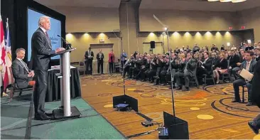  ?? JUANITA MERCER ?? Seamus O’Regan (left), Newfoundla­nd and Labrador’s representa­tive in the federal cabinet, and Premier Dwight Ball at an announceme­nt about the Atlantic Accord at the Sheraton Hotel Newfoundla­nd in St. John’s.