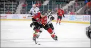  ?? PHOTO BY ANDY CAMP ?? James Henry prepares to put a shot on net during a recent Thunder game. Adirondack visits first-place Manchester for two games this weekend.