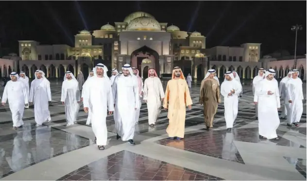  ??  ?? Sheikh Mohammed and Sheikh Mohamed Bin Zayed attend the opening of the National Palace within the Presidenti­al Palace complex.