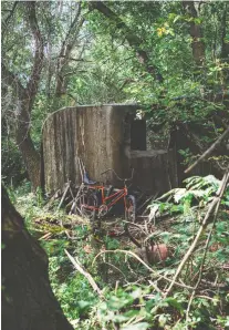  ?? JORDAN MITCHELL ?? The wood trailer that once served as Uncle Arthur's sanctuary is now surrounded by thick growth, and a few old bikes.