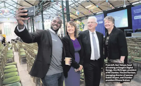  ??  ?? From left, Gori Yahaya, head of training at Google’s Digital Garage, Ann McGregor, president of NI Chamber, Vincent Harrison, managing director of sponsor Dublin Airport, and Chamber president Ellvena Graham