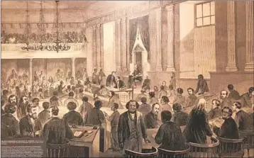  ?? GREGORY S. SCHNEIDER/WASHINGTON POST ?? A Frank Leslie’s Illustrate­d Newspaper engraving, on display in the Virginia Capitol, shows black and white delegates.