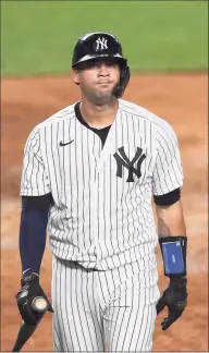  ?? Sarah Stier / Getty Images ?? Slumping catcher Gary Sanchez was benched by the Yankees for the third time in four games, with New York facing eliminatio­n from the postseason in Game 4 of the AL Division Series against Tampa Bay.