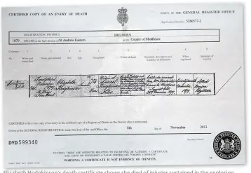  ??  ?? Elizabeth Hodgkinson’s death certificat­e shows she died of injuries sustained in the explosion