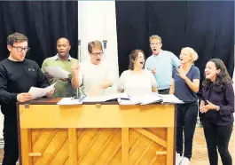  ?? PHOTO: GERAINT LEWIS ?? Rehearsals for The Nightingal­es – Philip McGinley, Stefan Adegbola, musical director Luke Bateman, Ruth Jones, Steven Pacey, Mary Stockley and Sarah Earnshaw